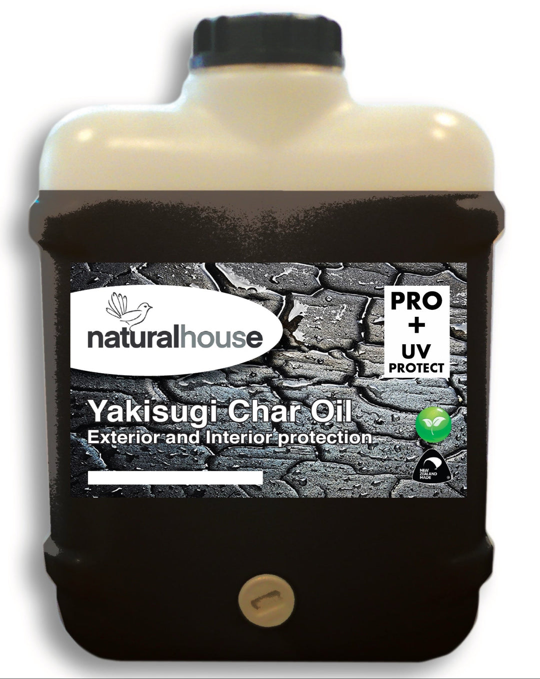 Container of Yakisugi Char Oil 'EbonyPRO+UV' with 'Naturalhouse' branding. for extended colour retention and protection from UV light.